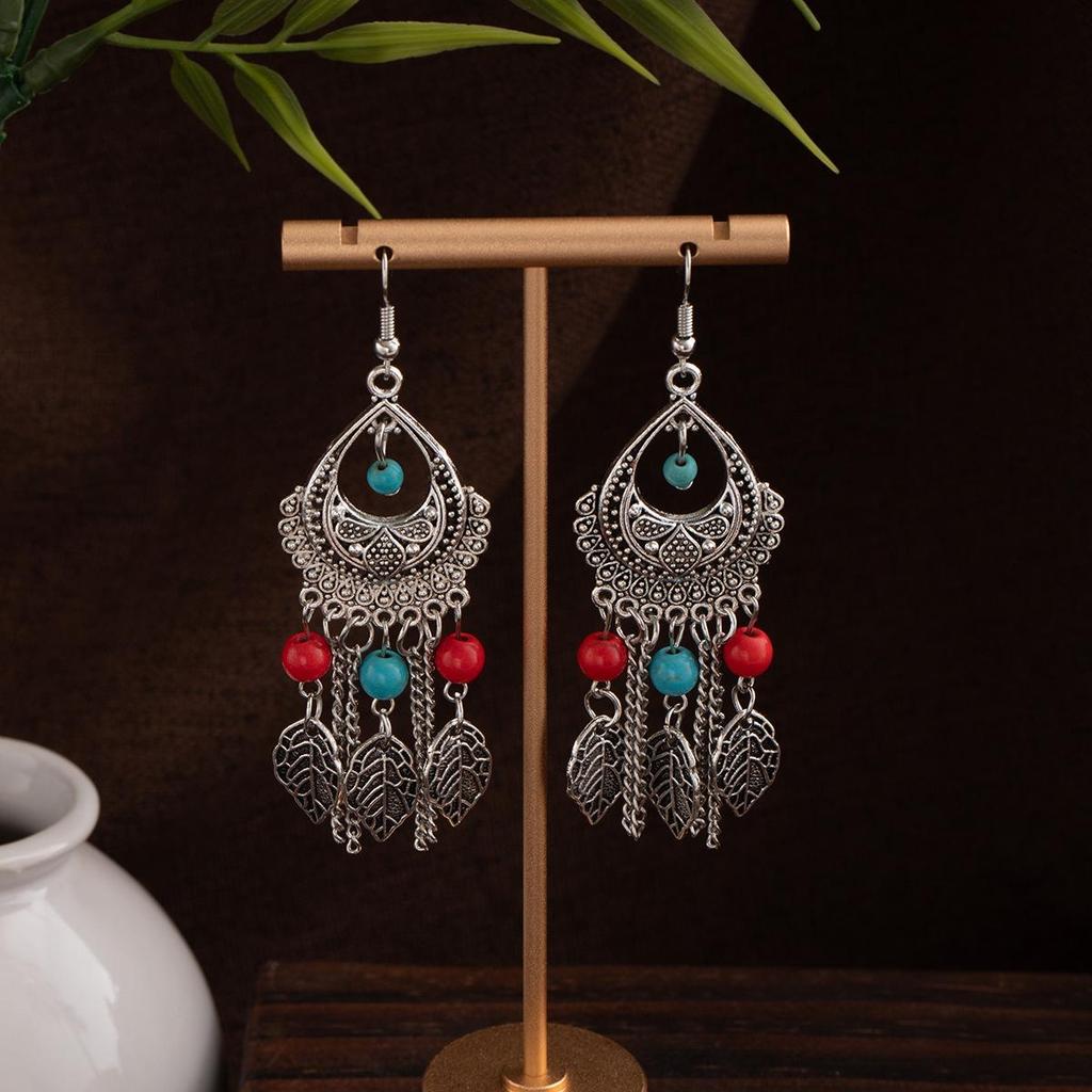 Bohemian Ethnic Oval Tassel Earrings with Beads