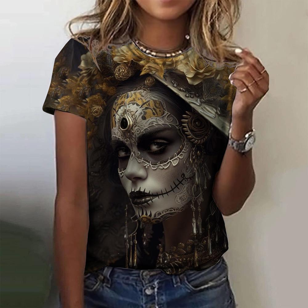 Summer Round Neck 3D Skull Print Top Fashionable Casual Short Sleeved Women's T-shirts