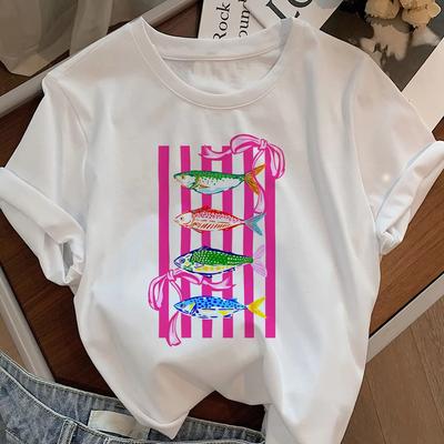 Female Fishing T-Shirt Women Girl Summer Vacation Beach T Shirt Print Short Sleeve Crew Neck Tshirt Casual Y2k Woman Clothing