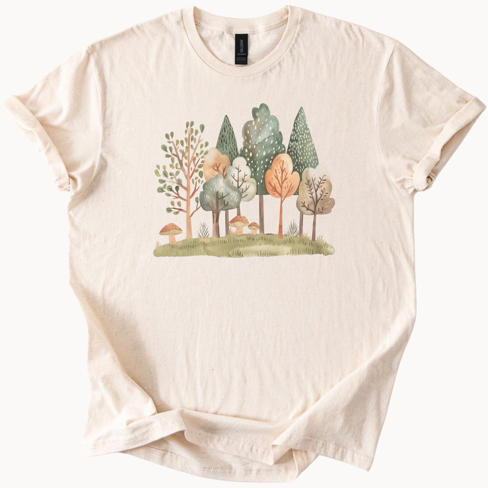 Nature Forest Graphic Tee Hand Drawn Trees Woodland Outdoors Aesthetic Shirt Minimalist Fall Leaves Forest Shirt Mushrooms Tee 130