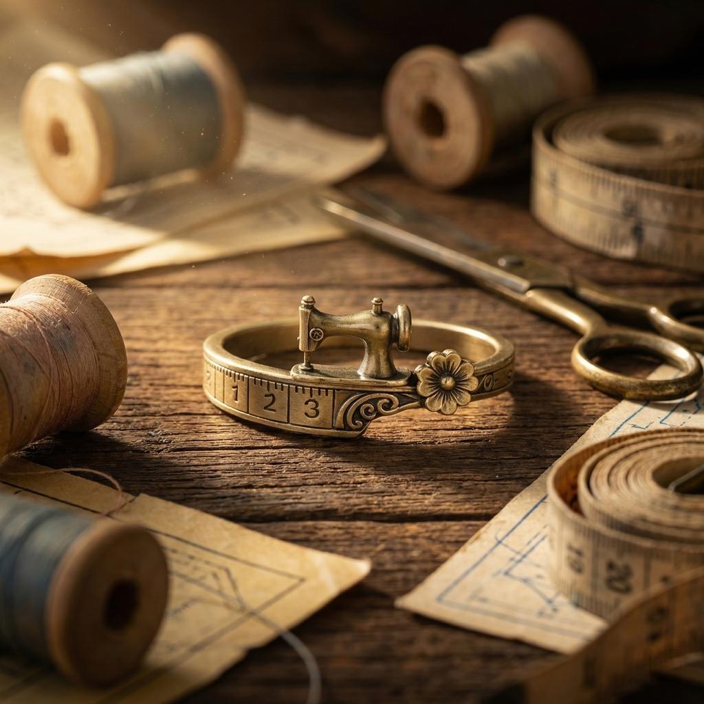 Vintage Sewing Machine Ring Adjustable Band with Measuring Tape Design and Floral Accent Metal Jewelry Accessory for Craft Enthusiasts