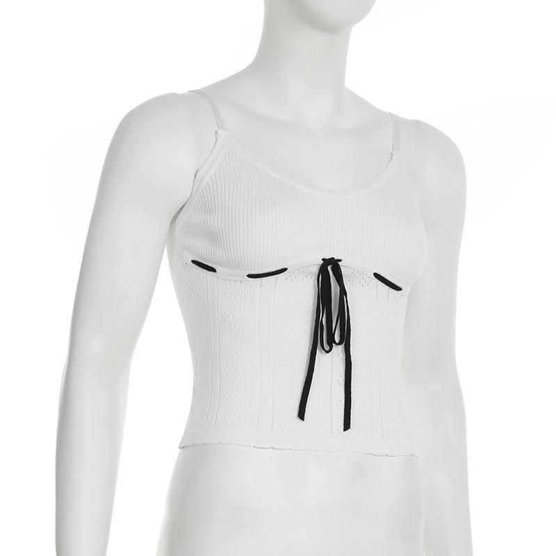 Women's Hollow Wearing Rope with Light Wool Woven Halter Spice Sexy Contrast Color Waist Vest Top