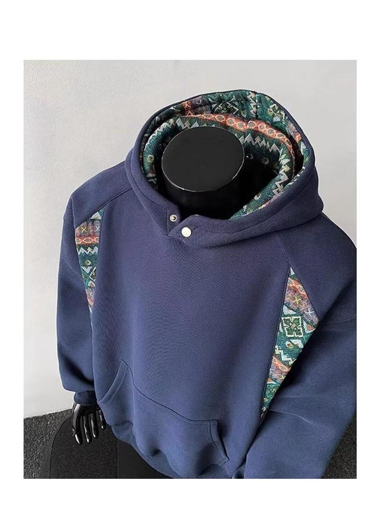 Men's Autumn Patchwork Hoodie: Chinese Ethnic Style, High Collar, Long Sleeve