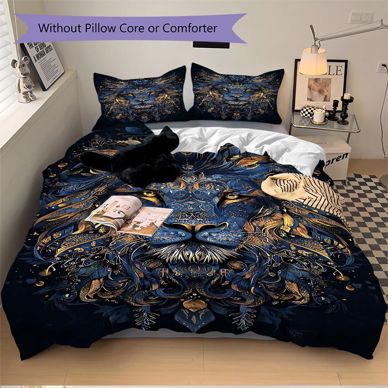3pcs Blue and Gold Ornate Lion Portrait Print Bedding Set (1 Cover + 2 Pillowcases, Without Inserts), This Printed Bedding Set is Soft and