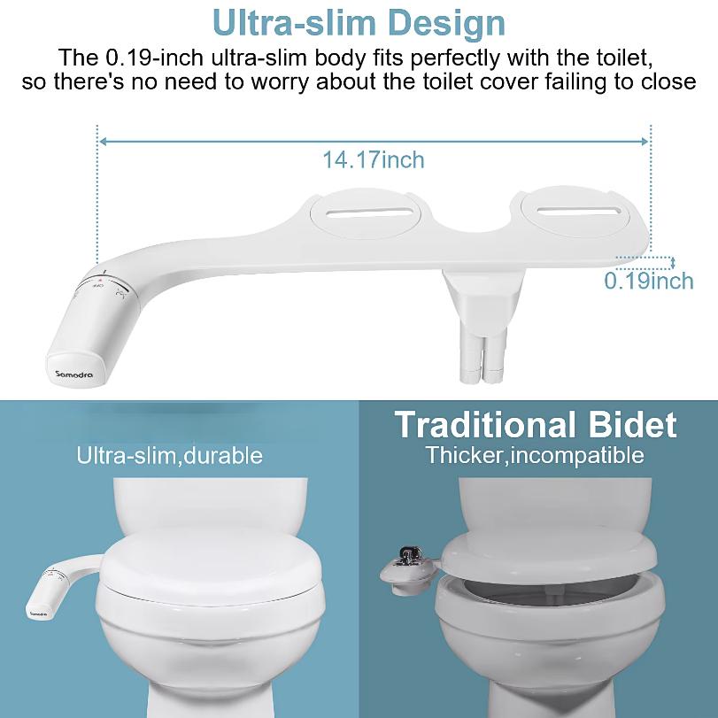 Bidet Attachment Ultra-Slim Toilet Seat Attachment Dual Nozzle Bidet Adjustable Water Pressure Non-Electric Ass Sprayer