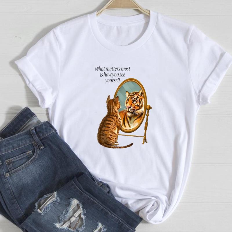 (European Size)Dog Cat Tee Top Fashion T Shirt Casual Paw Watercolor Floral Funny Women Clothing Print Lady Female Short Sleeve Graphic T-shirt