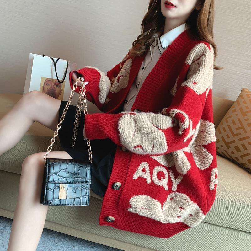 Monogrammierte Strickjacke mit V-Ausschnitt, Lässige Strickjacke mit Knopfleiste vorne, Langarm, Winter/Herbst, Damen M Pulloverjacke