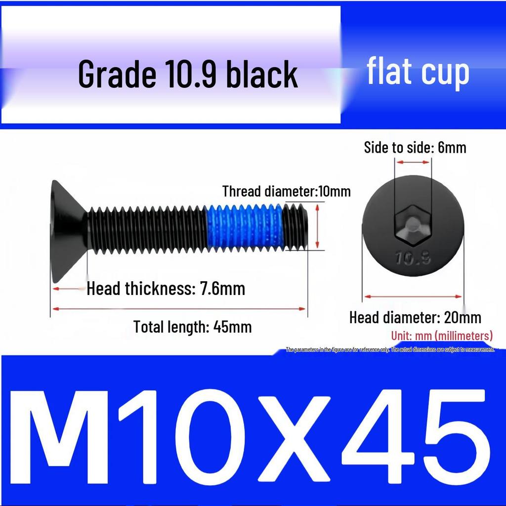 Black Anti-Slip Flat Cup Screw with Adhesive Blue Glue, Countersunk Hexagon Socket, Available in M2-M8 Sizes
