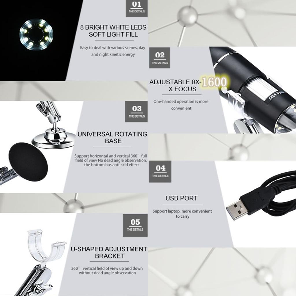 1600X USB Digital Microscope for Industrial View Hand-held Detecting with 8 White LED Lights