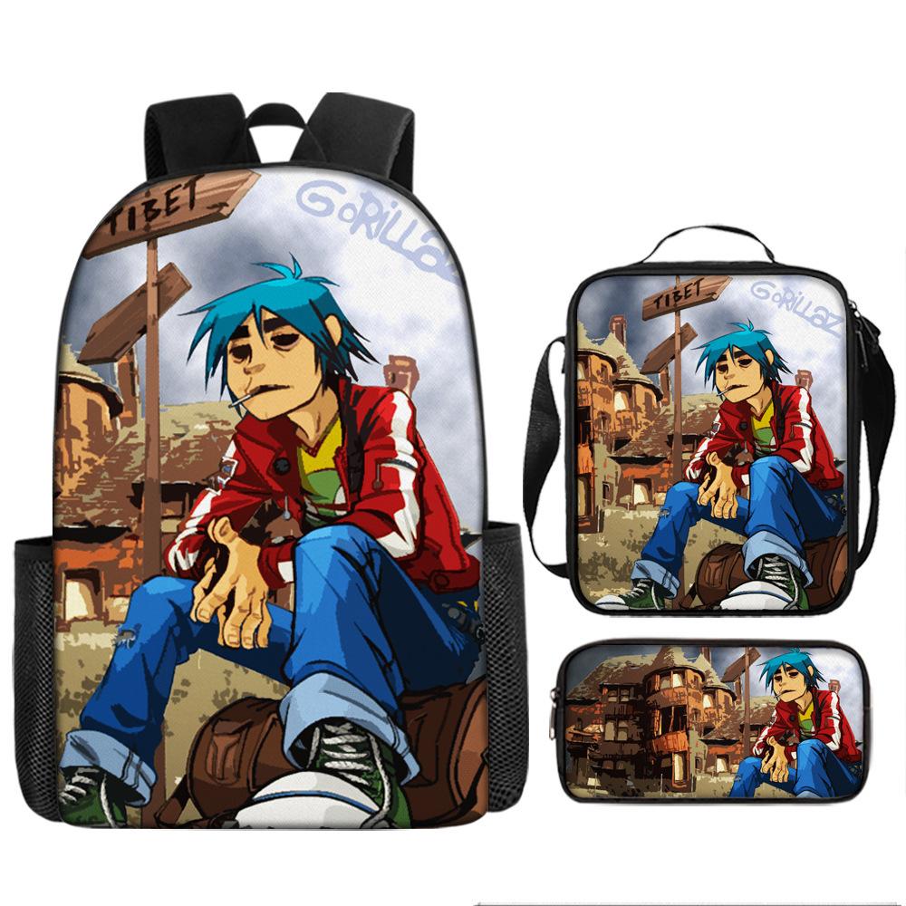Hot selling British virtual band Gorillaz student backpack cartoon children's backpack shoulder bag pencil case three piece set