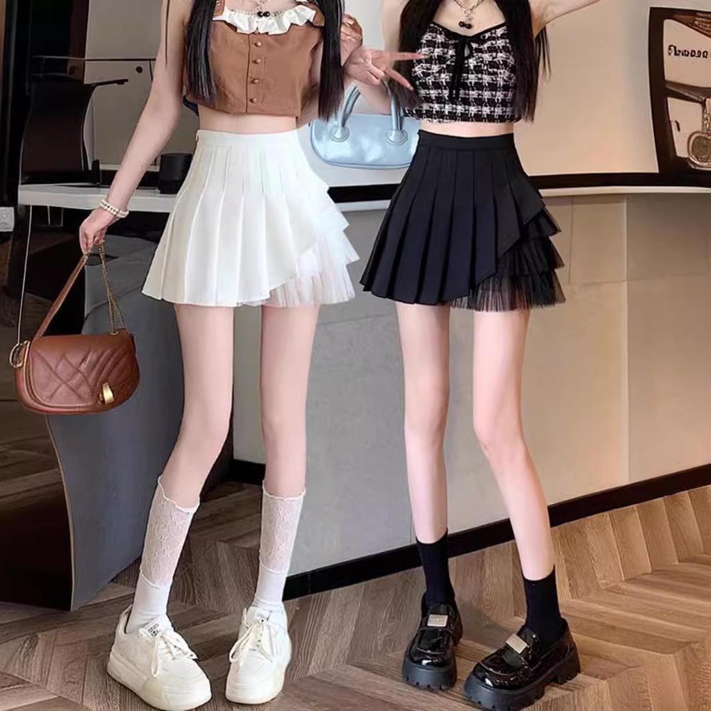 High-Waist A-Line Mesh Pleated Skirt: Women's Summer/Spring 2024 Short Skirt Pants