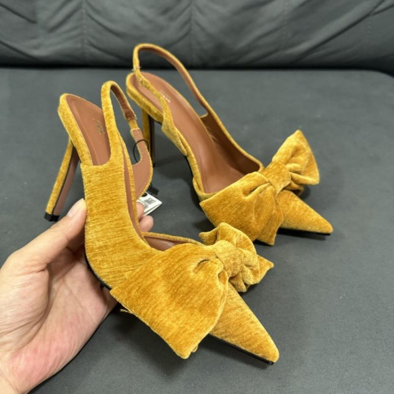 Moda Zapatos de Tacón Alto Mula Puntiaguda de Terciopelo Amarillo con Lazo para Mujer