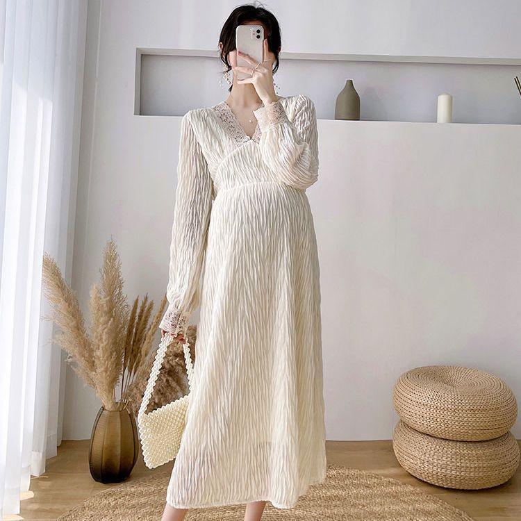 Těhotenské šaty Jarní Podzimní Oblečení Módní Styl Internetové Celebrity Francouzský V-výstřih Krajková Ozdoba Pohádkové Šaty Podzimní Zimní Sukně