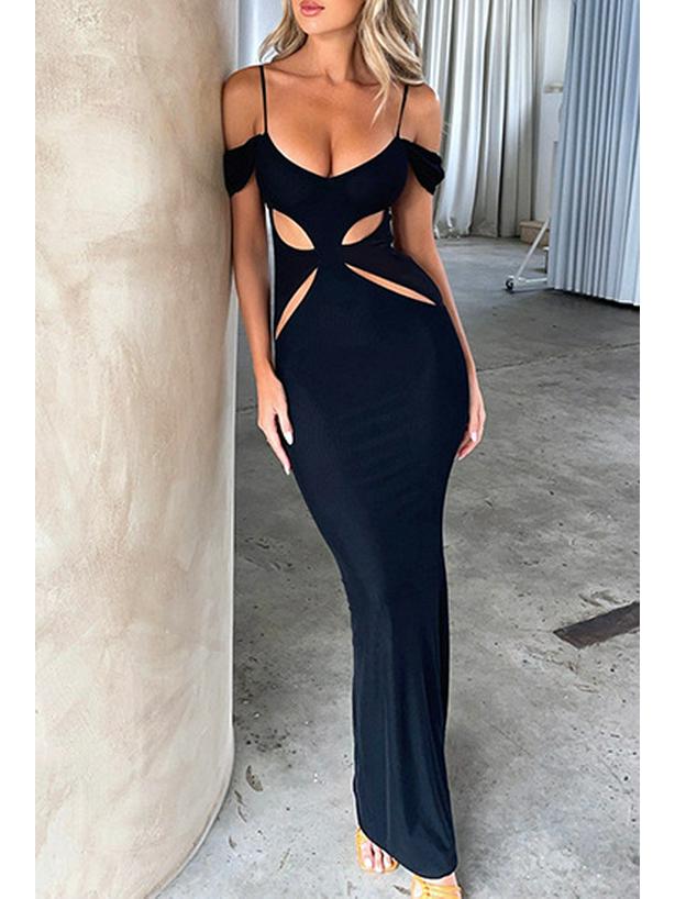 2024 European & American Sexy Spaghetti Strap Hollow-Out Bodycon Dress with Irregular Slit