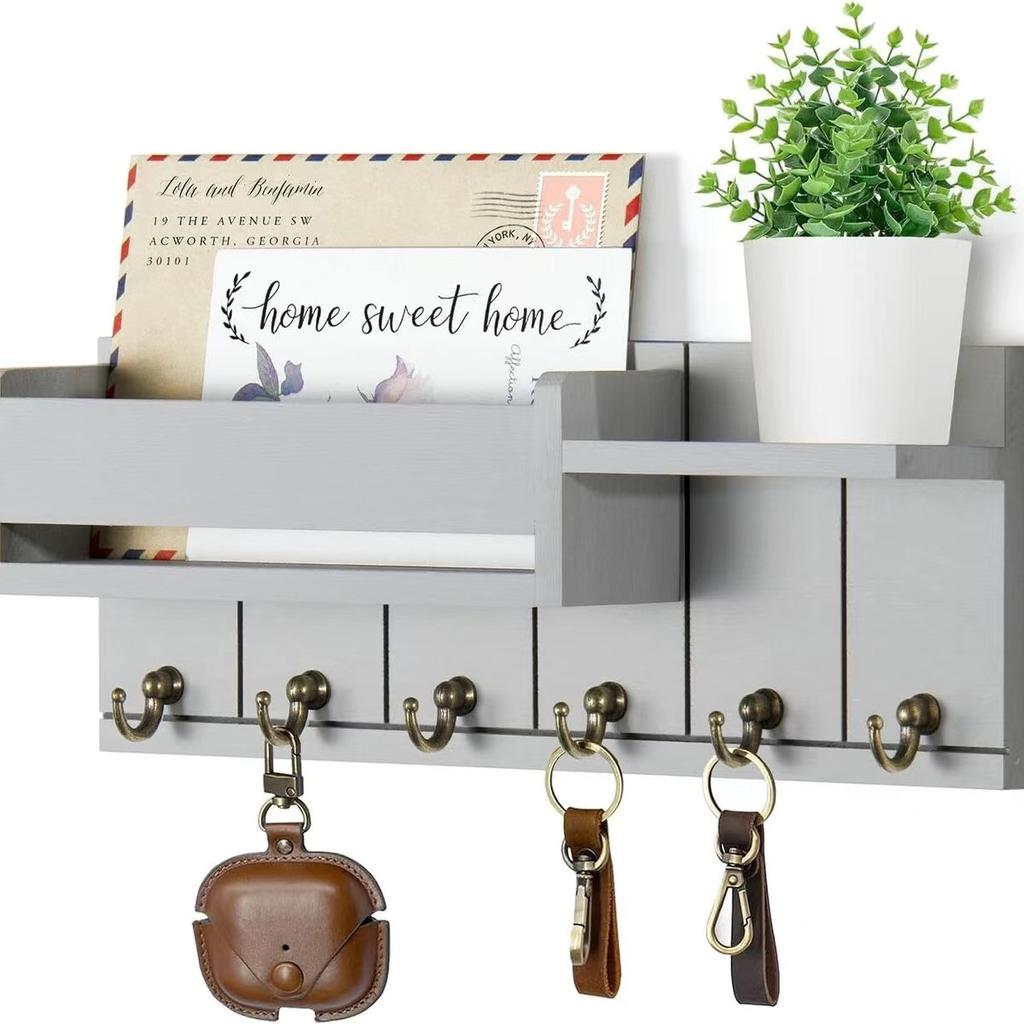 Dekorativní držák na klíče a poštovní organizér se 6 háčky na klíče Rustikální dřevěný držák na klíče na stěnu s policí pro vstup do obývacího pokoje