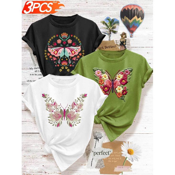 3 Elegant Outfits for a Girls' Gathering T Ethnic-style Shirt with Butterfly and Floral Prints, Vintage and Unique Top, Fresh and Youthful, Casual