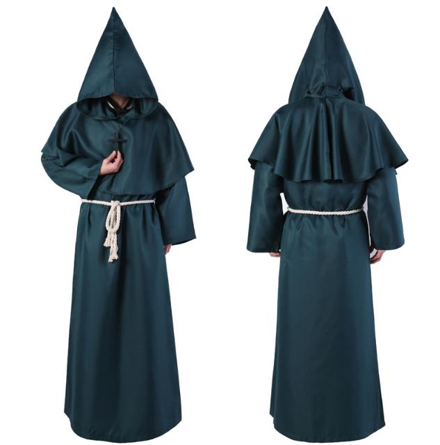 Medieval Monk Robe Monk Costume Halloween Cosplay Priest Wizard Hooded Multicolor Cape Cloak Waist Rope Cross Ornament Sets