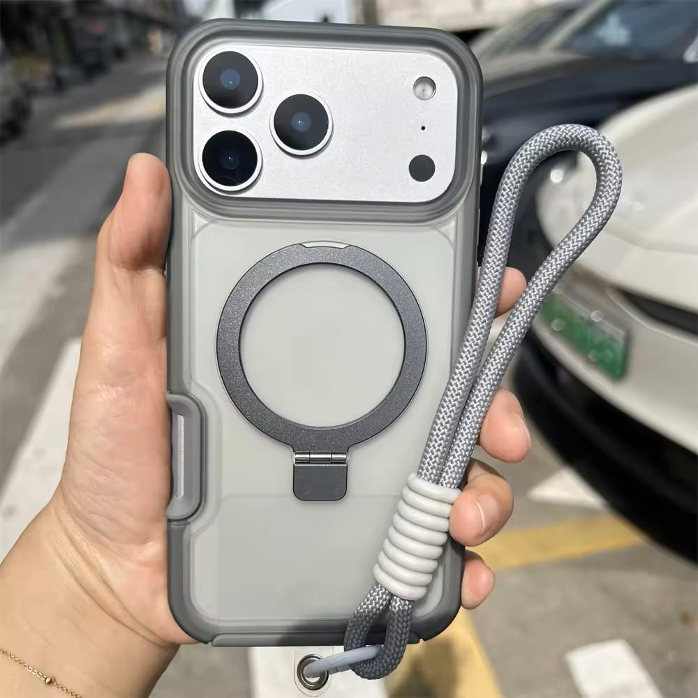 Luxury Magnetic Charging Matte Ott Anti-fall Case For iPhone Air 17 16 15 14 Plus Pro Max TPU+PC With Stand & Hand Strap Shell