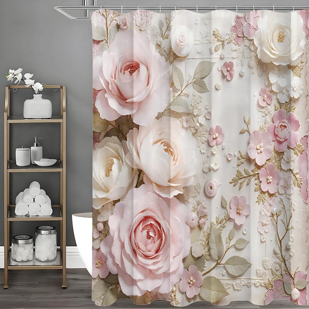 

Pink Rose Floral Pearl Shower Curtain, Bathroom Decorative Shower Curtain, Waterproof Shower Curtain with Hooks 90*180cm