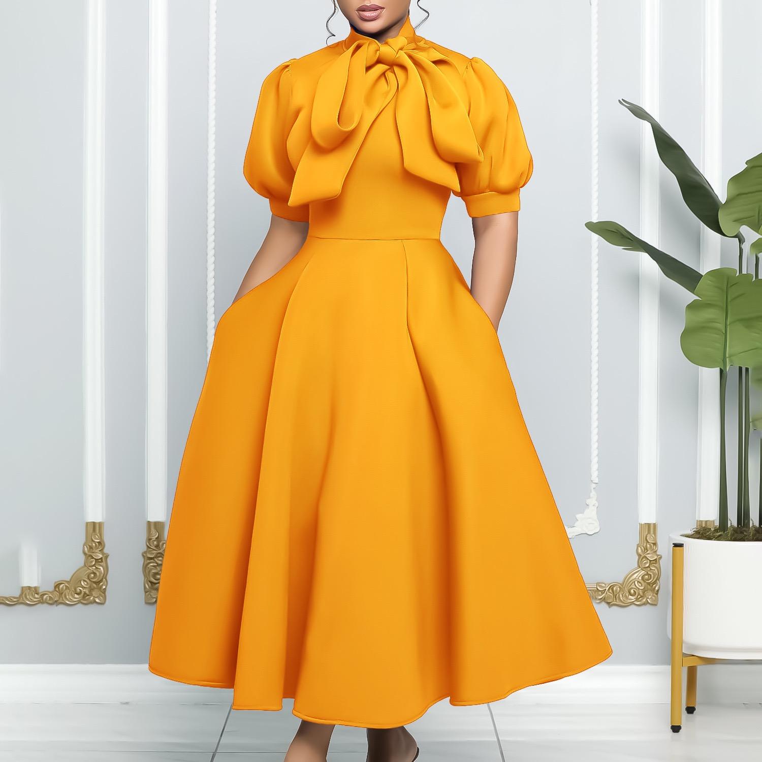 

Women Elegant Party Dresses Fashion Bow Collar Short Sleeve High Waisted A Line Pleated Dress S жёлтый