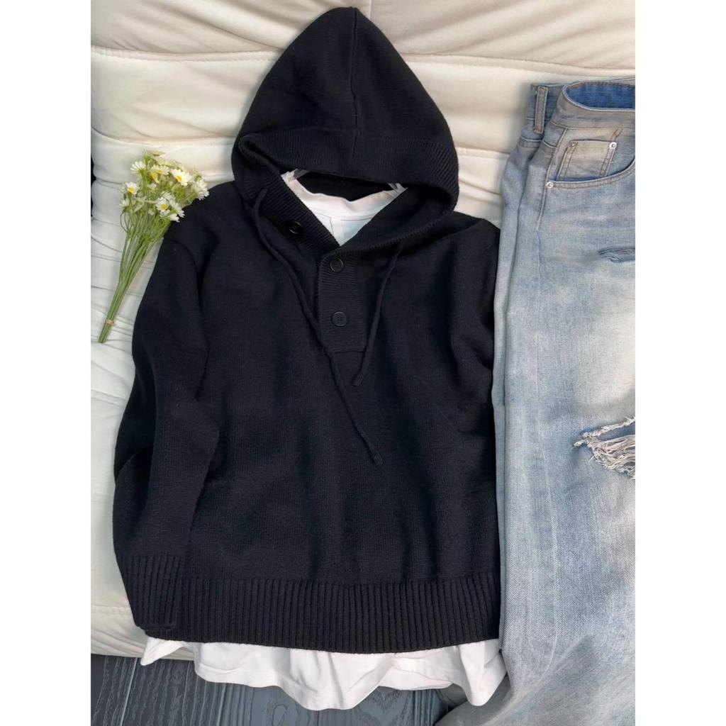 Men's Deep Gray Heavyweight Hooded Henley Pullover Knitwear - Autumn/Winter High-End Outerwear