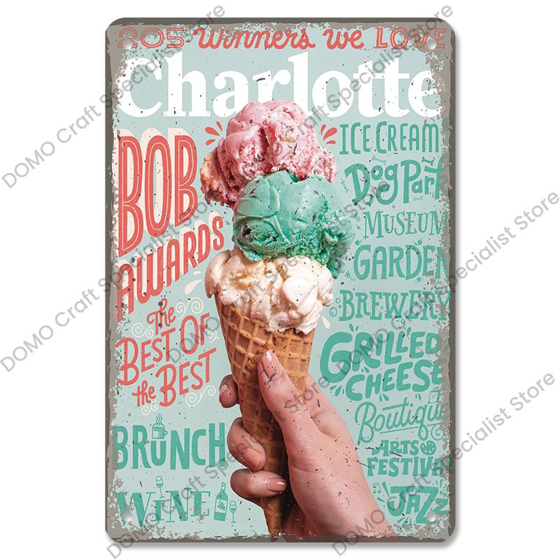 Summer Dessert Poster Vintage Metal Sign Ice Cream Cone Charlotte Metal Tin Plate Wall Decor for Cafe Shop Kitchen Living Room