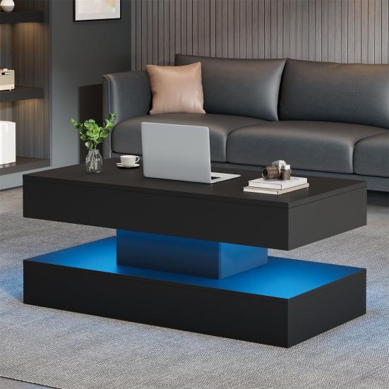 Rectangle LED Coffee Table Modern with Light And Hidden Storage Space Side Hydraulic Lift 100x50x42cm 50kg Load Capacity Living Room Center