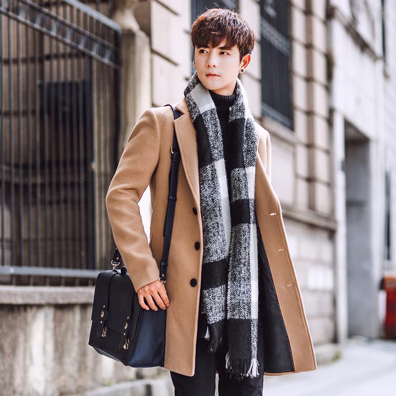 Men S Korean Style Slim Fit Solid Stand Collar Single Breasted Casual Woolen Overcoat