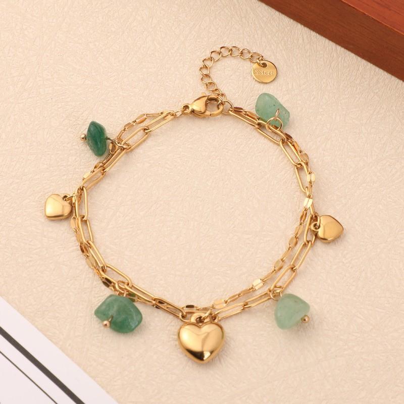 Boho Style Layered Stainless Steel Bracelet With Natural Turquoise Stone Heart Charm Women Men Green
