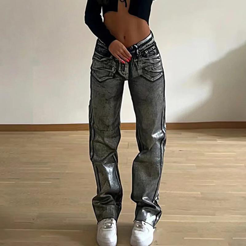 

Women s High Waist Blue and Black Hot Silver Washed Straight Jeans Large чёрный