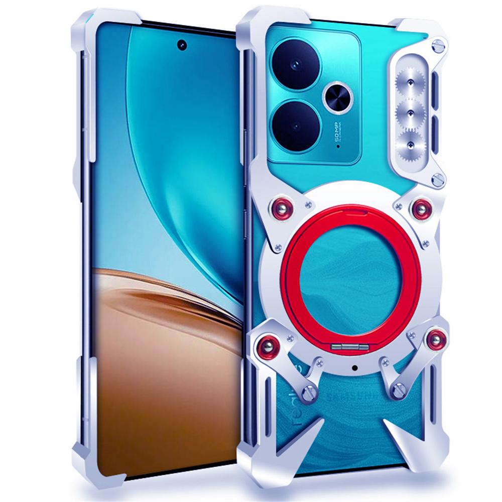 

For Realme 14 5G/14T 5G Bumper Case Kickstand Aluminum Alloy Magnetic Phone Cover with Wrist Strap Silver