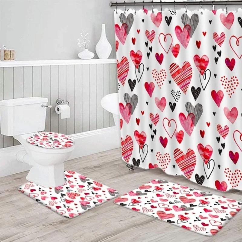 Valentine's Day Bathroom Set Heart Shower Curtain Non-Slip Rugs Toilet Cover U Shaped Bath Mat Red Shower Curtain with 12 Hooks