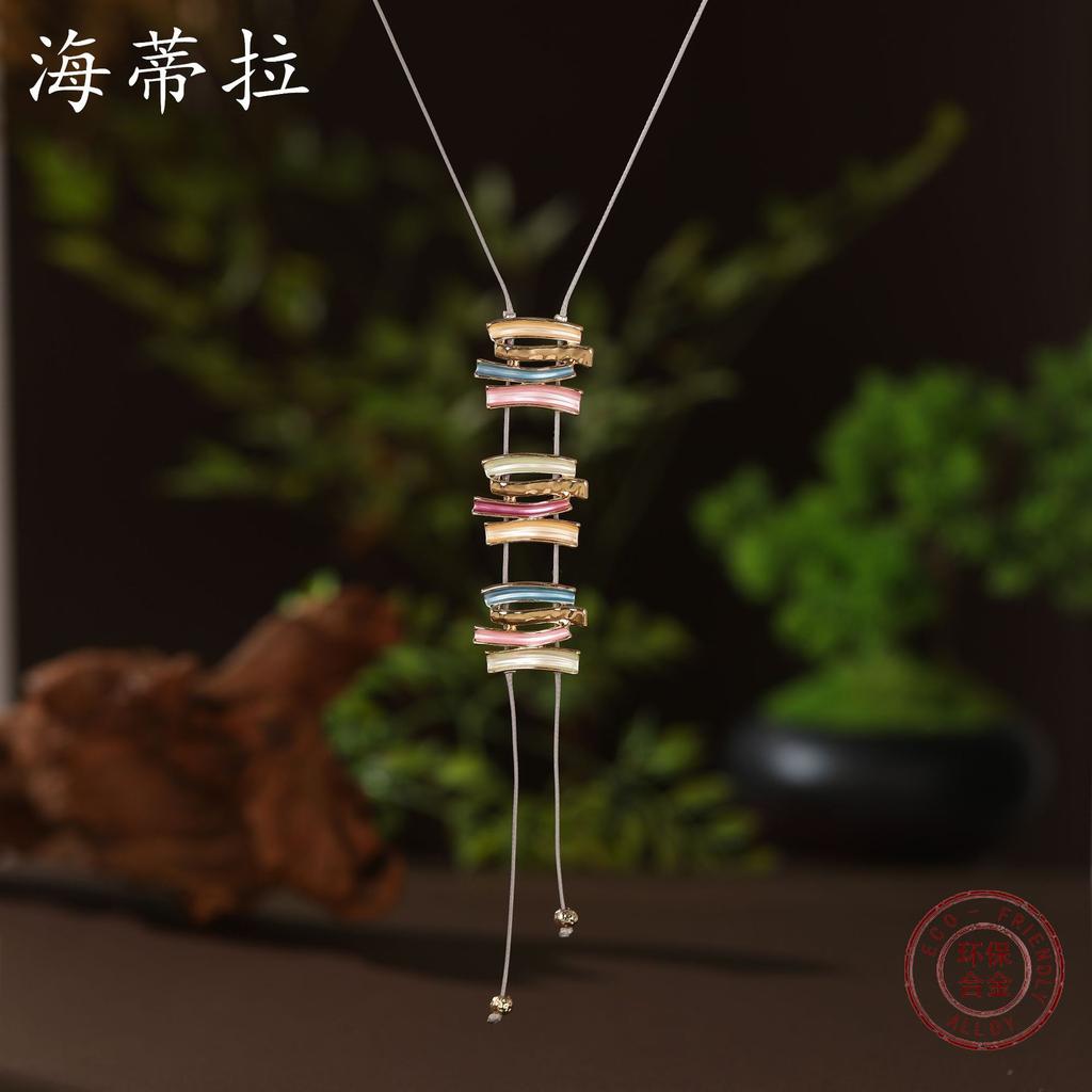 New Color Oil Geometric Lines Tassel Long Necklace, Women's Retro High-end Leather Rope Long Pendant