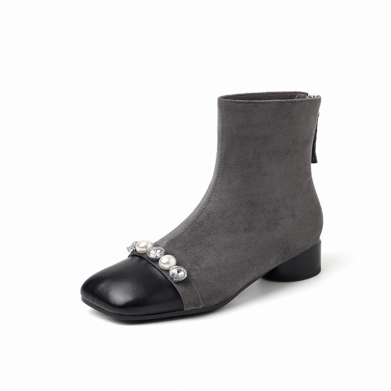 3CM Low Heel Ankle Boots Women Fall Winter Fleece Lined Slim Fit Rhinestone Accent Soft Sole Petite Size Fashion