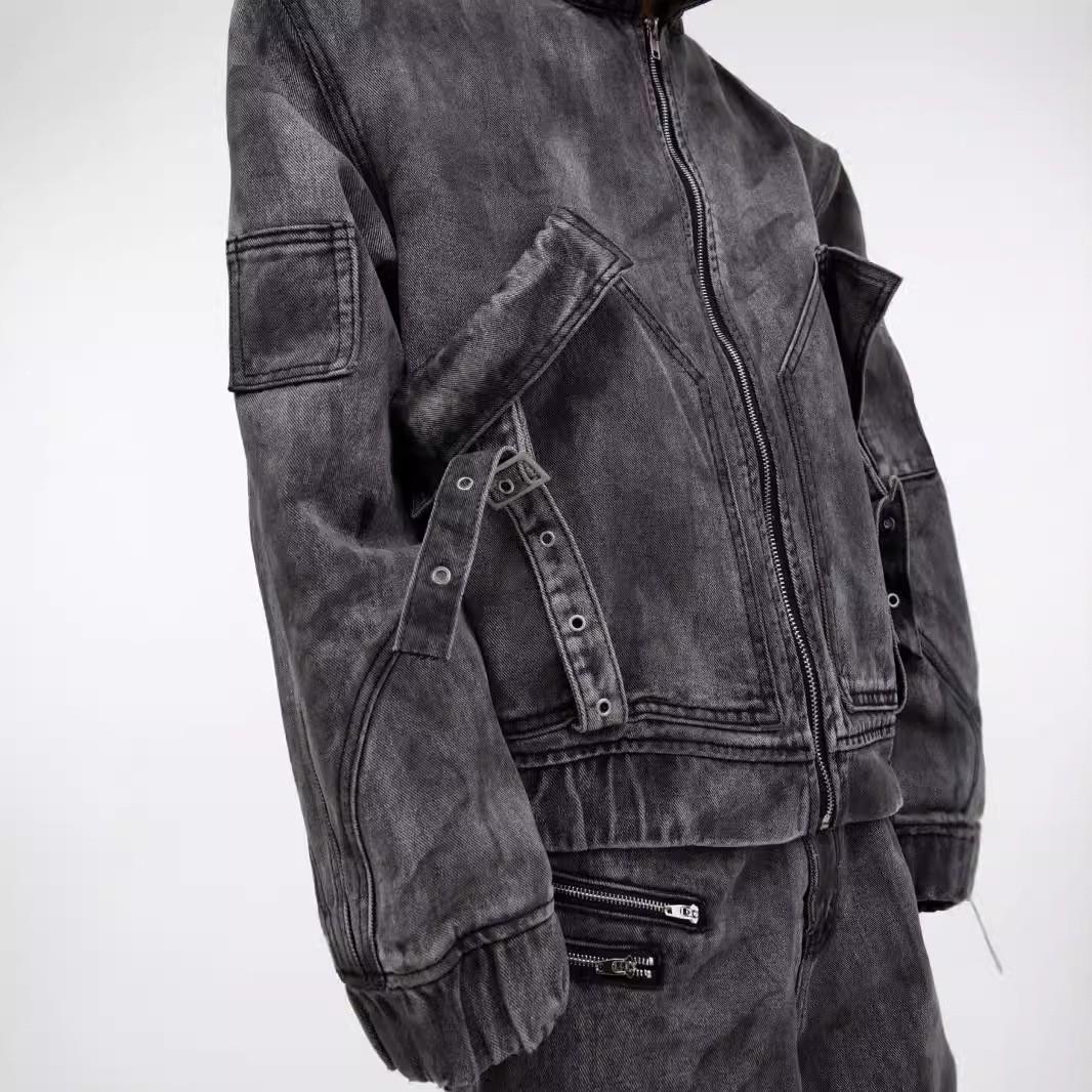 

2024 Винтажный потертый джинсовый костюм с массивной молнией и большим карманом, комбинезон M