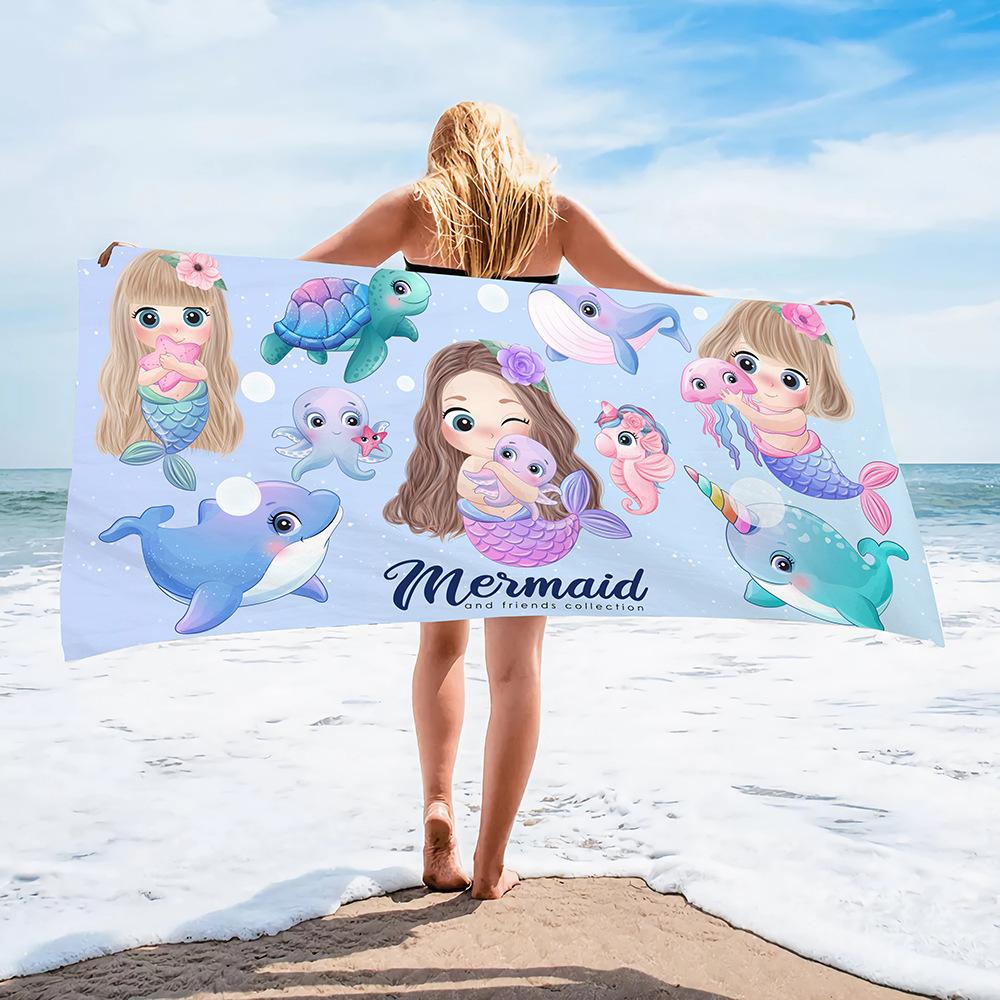 Children Girl Mermaid Beach Towel Purple Girls Seaside Quick-Drying Bath Towel Microfiber Towel Quick-Drying Pool