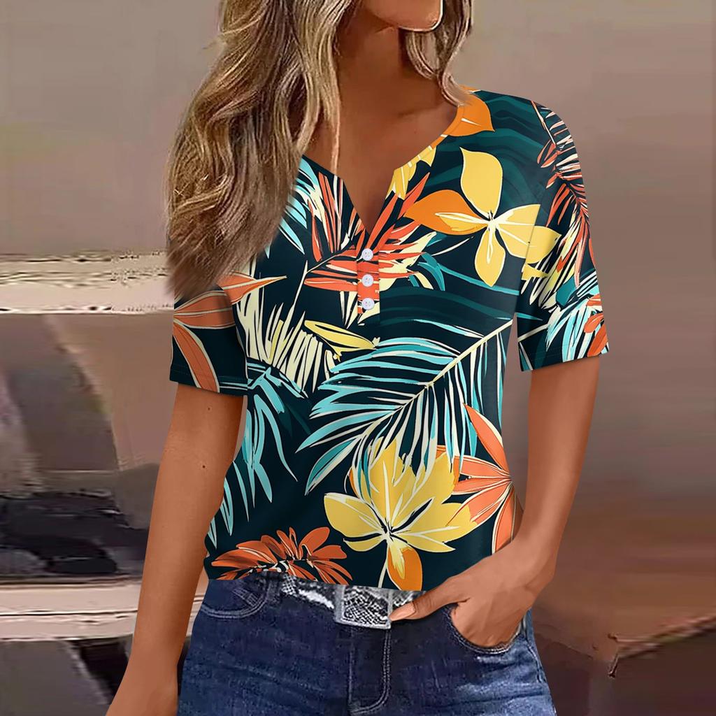 Women's T Shirt Print Button Short Sleeve Daily Weekend Fashion Basic V- Neck Regular Top