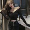 Hong Kong Style One-Shoulder Clavicle-Revealing Crop Top for Women
