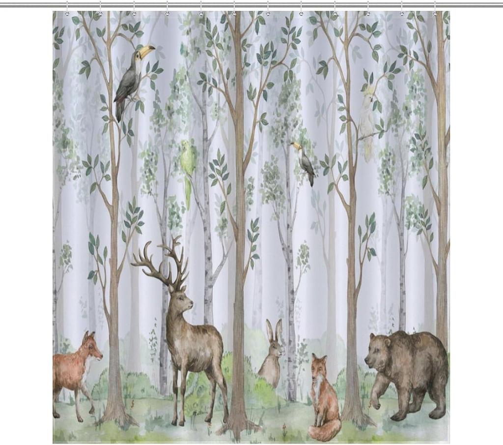 Cartoon Cute Forest Shower Curtains, Fairy Tale Mushroom Cat Flower Floral Leaf Green Pattern Decor Print Bath Drapes Set