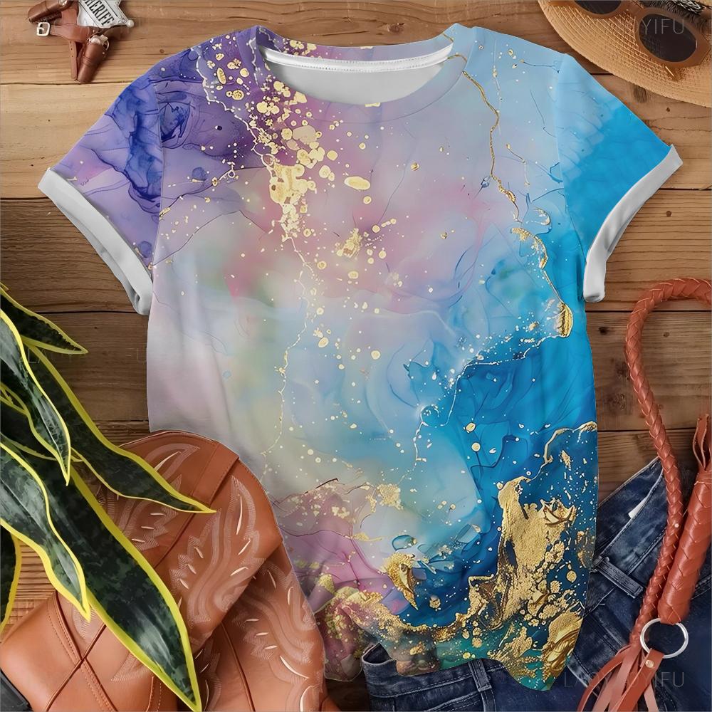

Современная абстрактная футболка с 3D-принтом в стиле брызг, женская, повседневная, модная, удобная, фиолетово-розово-синяя, с коротким рукавом S
