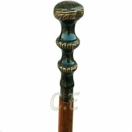 Antique Brass Designer Solid Round Knob Head Handle Brass Wooden Walking Stick
