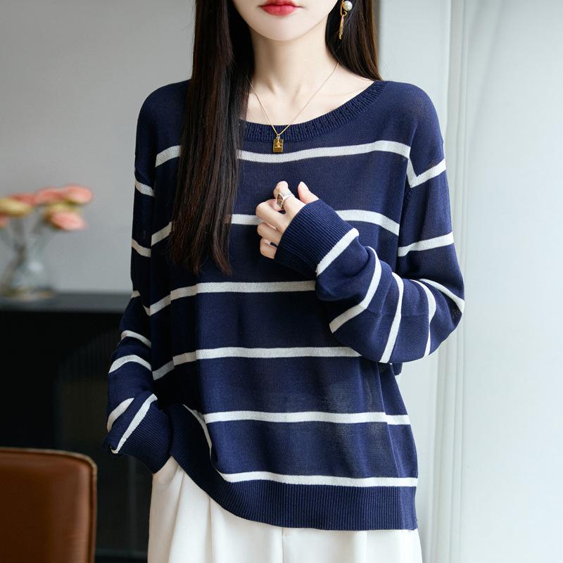 

Autumn New Style Round-neck Knitted Sweater, Long-sleeved Sweater, Women s Color-blocked Striped Cutout Base Layer Top M темно-синього кольору