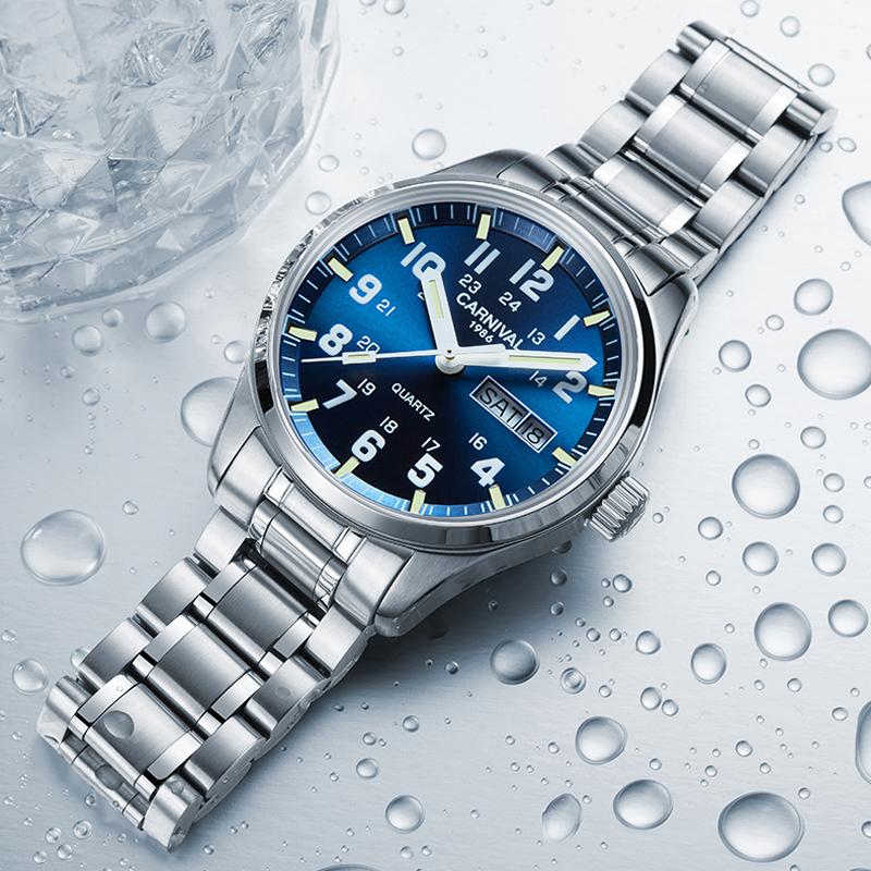 CARNIVAL Brand Watches Men Luminous Tube Waterproof Sport Men's Quartz Watch Man Stainless Steel Strap Reloj Hombre