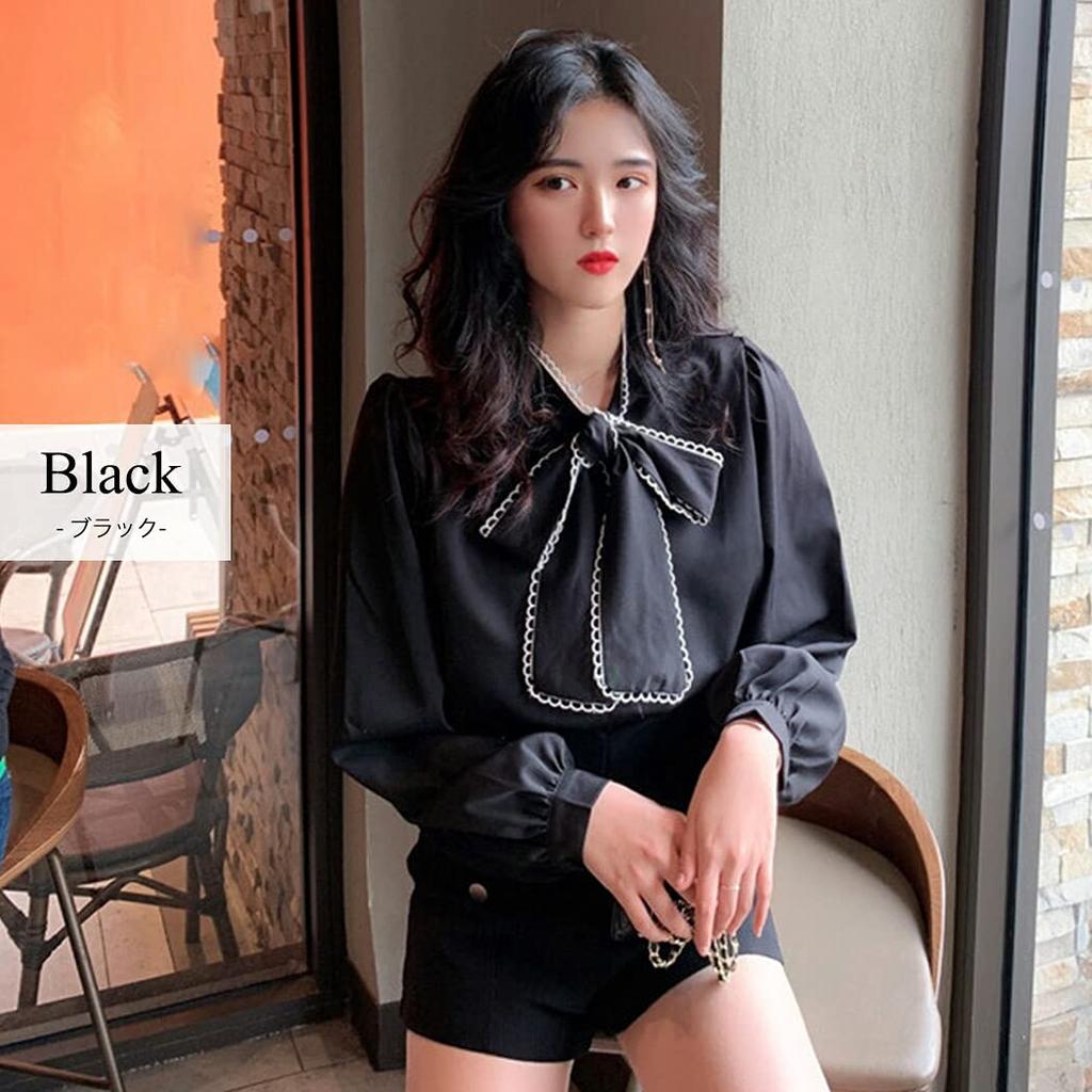 Teddy Long Sleeve Loose Fitted Bow Balloon Tops1343 Women's Blouse, Lightweight, Spring/Autumn, Tie, Ribbon, Sleeves, (Black, M)