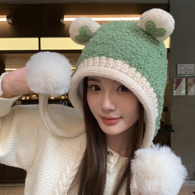 Cute Plush Hat Women's Autumn and Winter Colorful Fringed Braids Knitted Pullover Hat Ear Protector