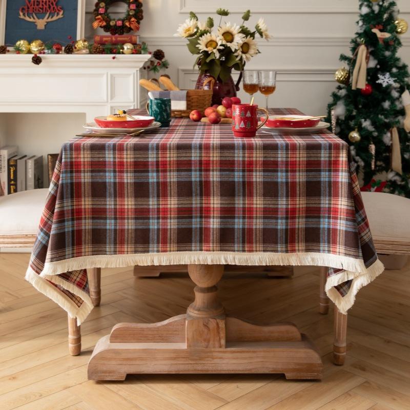 Christmas Plaid Tablecloth Winter Holiday Tassel Tablecloth Decor For Rectangle Tables Parties Dining Farmhouse Kitchen Decor