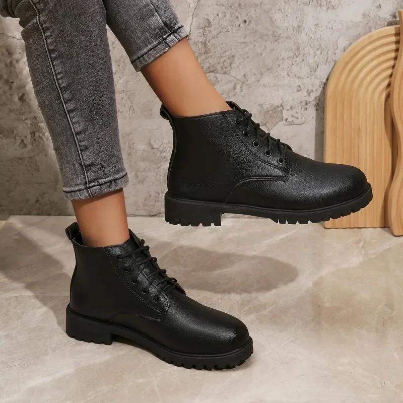 Women's Shoes 2024 Hot Sale Lace Up Women's Boots Autumn Round Toe Solid Chunky Heels Rubber Concise Short Barrel British Boots