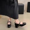 French retro square head light mouth single shoes women's middle heel spring and autumn evening temperament fairy thick heel Mary Jane small leather s