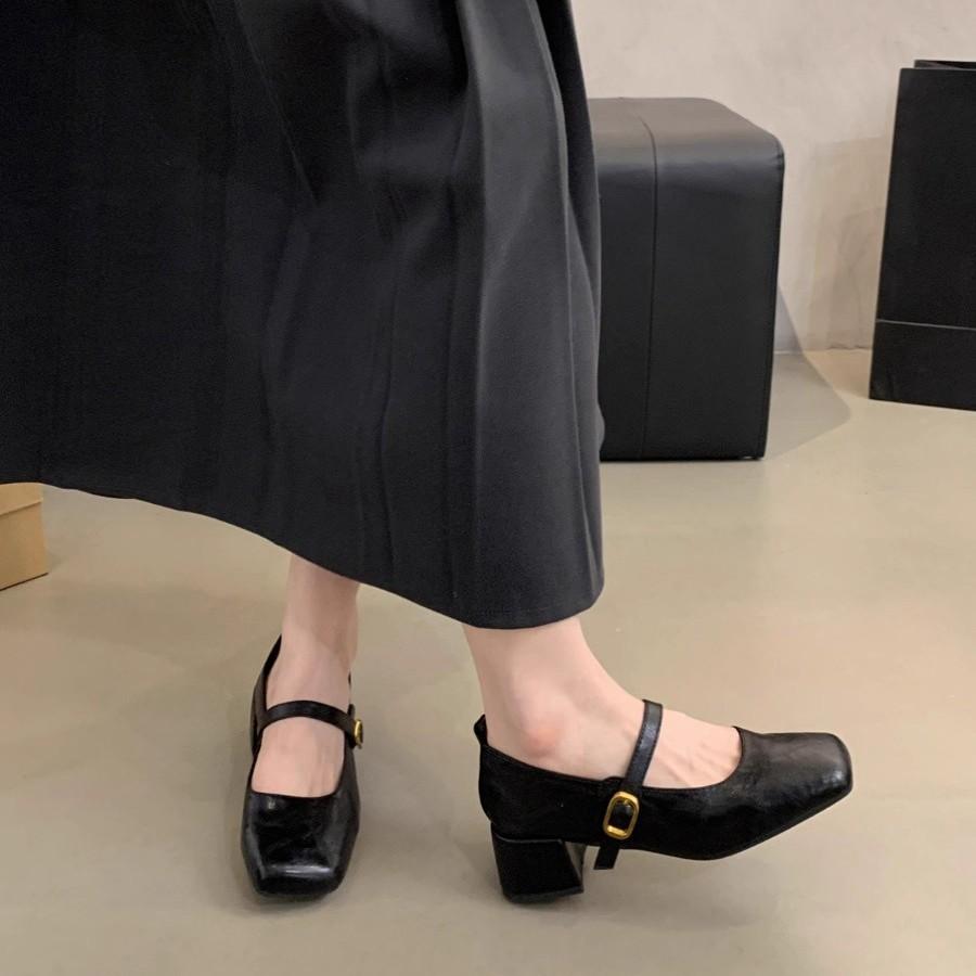 French Retro Square Head Light Mouth Single Shoes Women's Middle Heel Spring and Autumn Evening Temperament Fairy Thick Heel Mary Jane Small Leather S