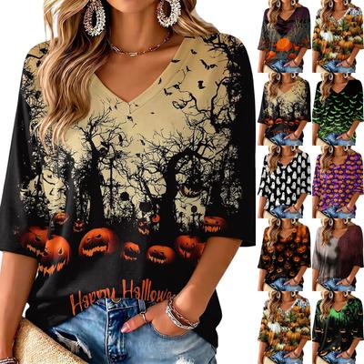Women's V-Neck Halloween Print Lightweight Blouse for Spring and Summer